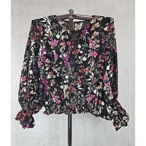 Kontrol Women Shirt Size Large Long Sleeve‎ Top Black Floral Print Blouse NWT